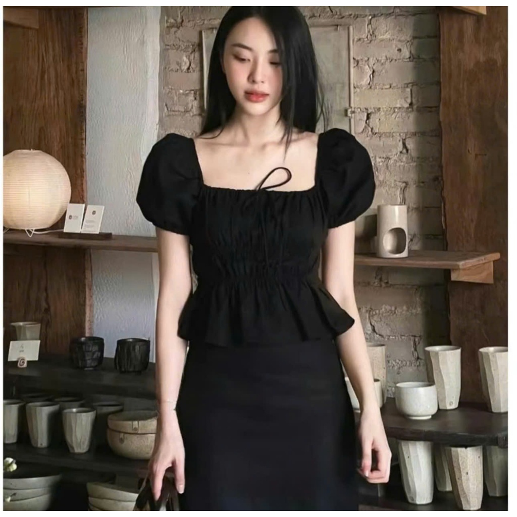 Áo babydoll linen cổ vuông tay bồng nơ ngực áo kiểu xinh cổ vuông-ALASAVA | BigBuy360 - bigbuy360.vn