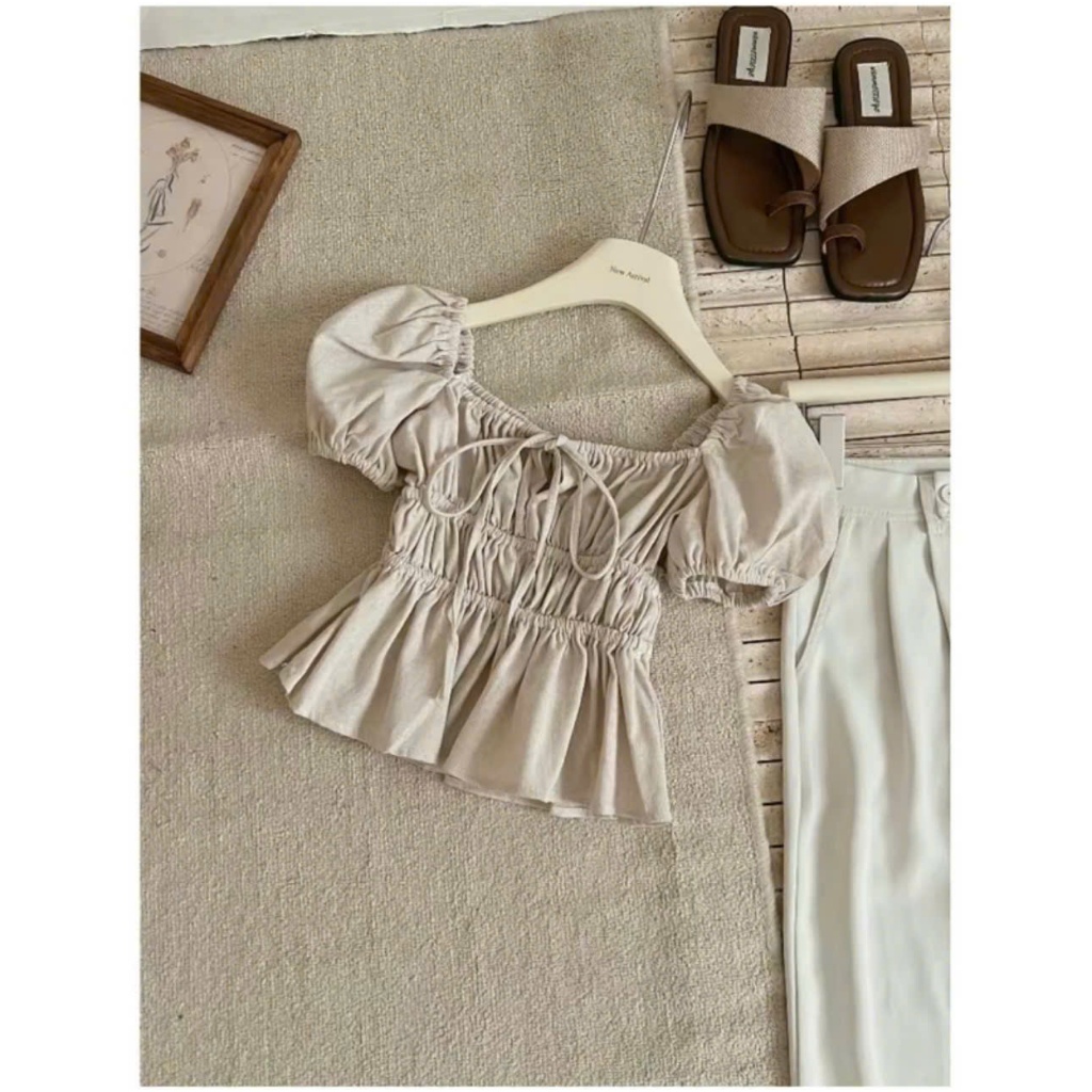 Áo kiểu tay bồng cột nơ chất linen, Áo babydoll tiểu thư bo chun thân xinh xắn | BigBuy360 - bigbuy360.vn