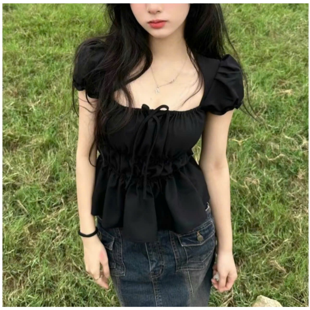 Áo kiểu tay bồng cột nơ chất linen, Áo babydoll tiểu thư bo chun thân xinh xắn | BigBuy360 - bigbuy360.vn