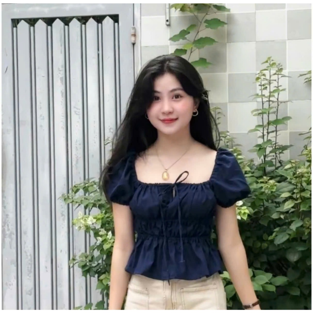 Áo babydoll linen cổ vuông tay bồng nơ ngực áo kiểu xinh cổ vuông-ALASAVA | BigBuy360 - bigbuy360.vn