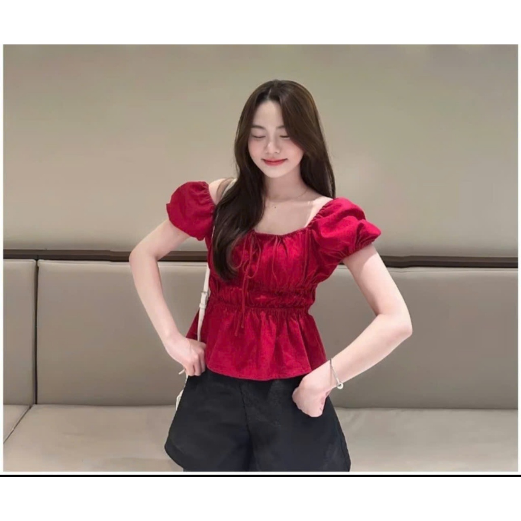 Áo babydoll linen cổ vuông tay bồng nơ ngực áo kiểu xinh cổ vuông-ALASAVA | BigBuy360 - bigbuy360.vn