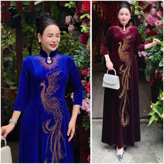  Đầm Váy Nhung Trung Niên Kiểu Cổ Áo  Dài -Họa Tiết Hoa Đá DMC - Đầm Nhung Dạ Hội Dự Tiệc Cao Cấp Sang Trọng Quý Phái 
