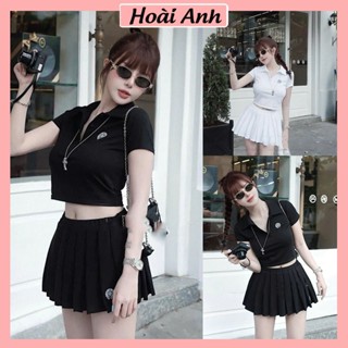  Set Bộ Đồ Nữ Áo Thun Ngắn Tay Cổ Polo Cài Cúc Logo Tròn Mix Chân Váy Xếp Ly Freesize 