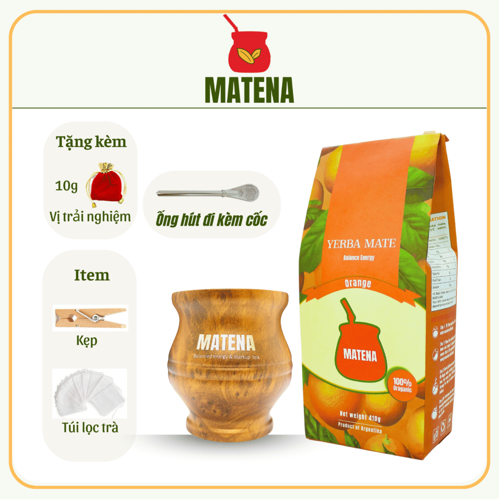 Trà Nam Mỹ Yerba Mate dòng Cam không cành, không cặn và không bột