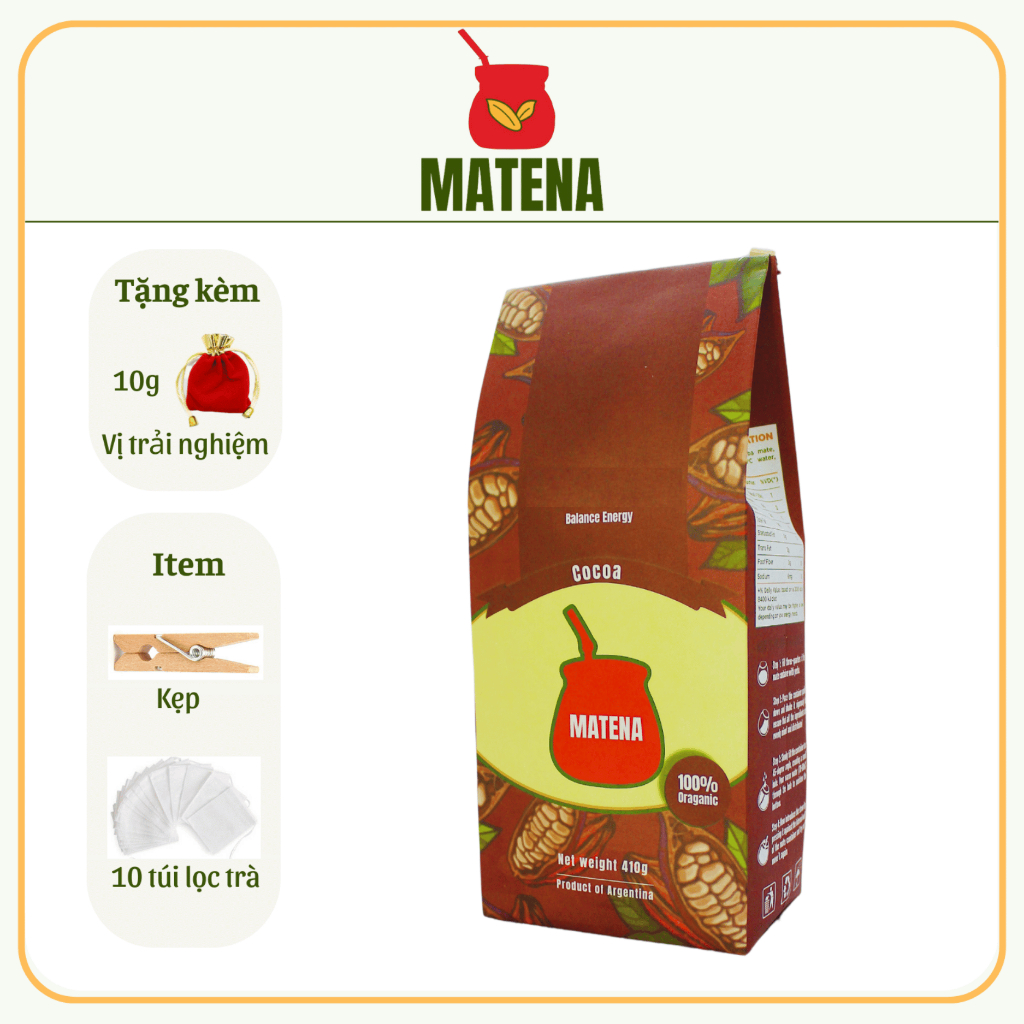 Trà Mate Nam Mỹ Matena dòng Cacao không cành, không cặn và không bột, năng lượng,tăng chuyển hóa