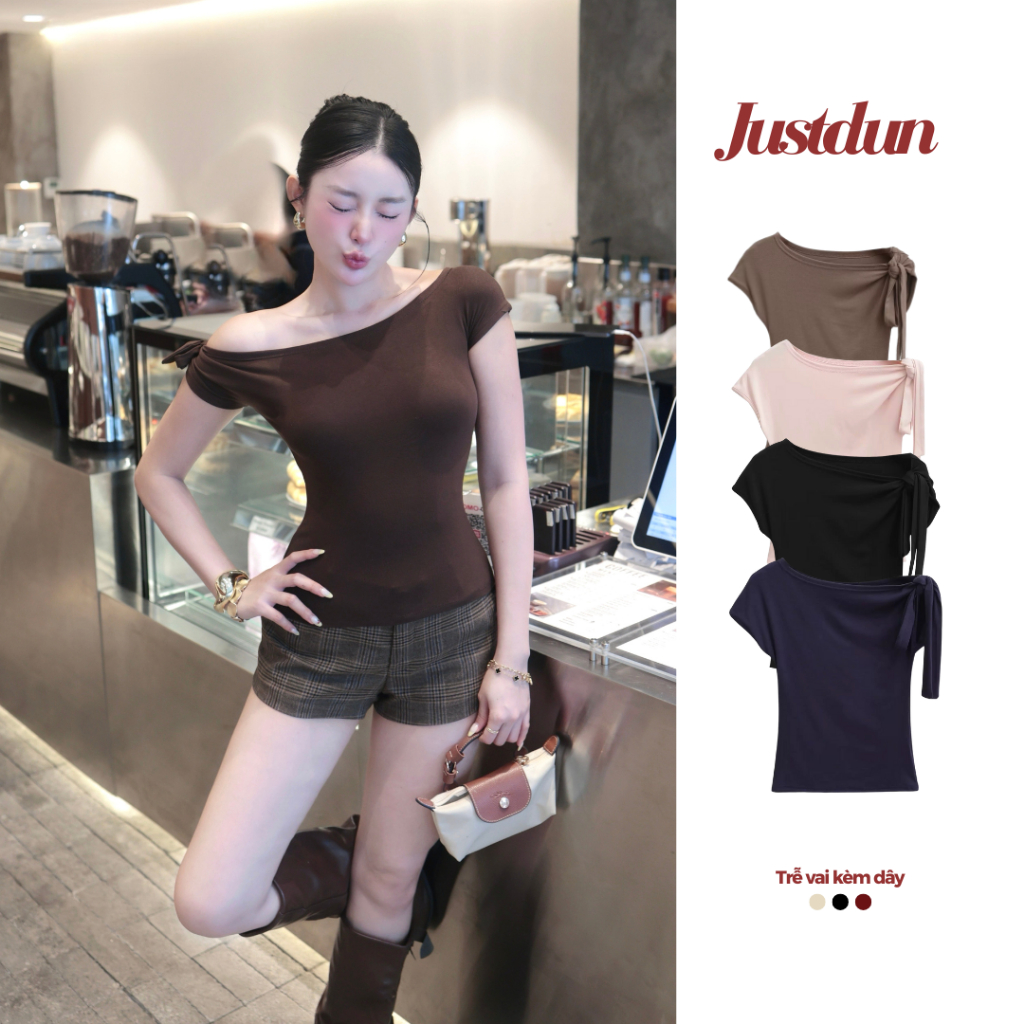 (Tặng dây) Áo thun trễ vai cộc tay ver2 cotton mịn thoáng mát JUSTDUN B46