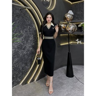 EV35 - Váy Thiết Kế Evii dành cho nữ, Đầm thiết kế cổ V bẻ phối viền kẻ (tặng kèm tag cài) dáng bút chì xuông.