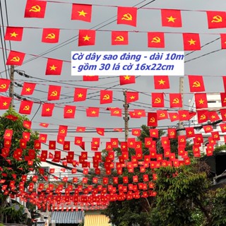 Cờ dây in sao Đảng, Tổ Quốc in 2 mặt, 30 lá cờ 16x22cm, vải phi bóng dày đẹp, dùng lễ hội, quán cafe