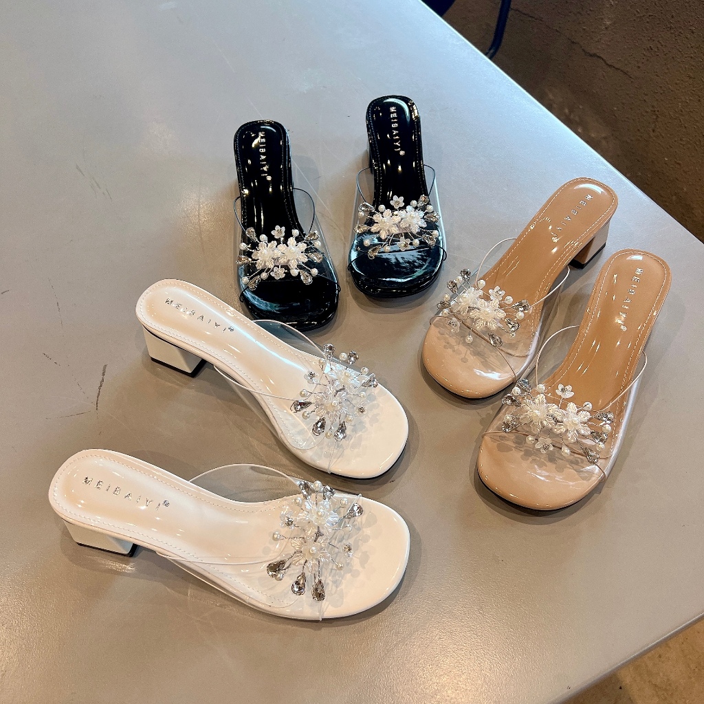Dép cao gót quai trong nơ hoa đá 5cm, Guốc nữ 5p mika phối nơ Chị Đẹp Store U140