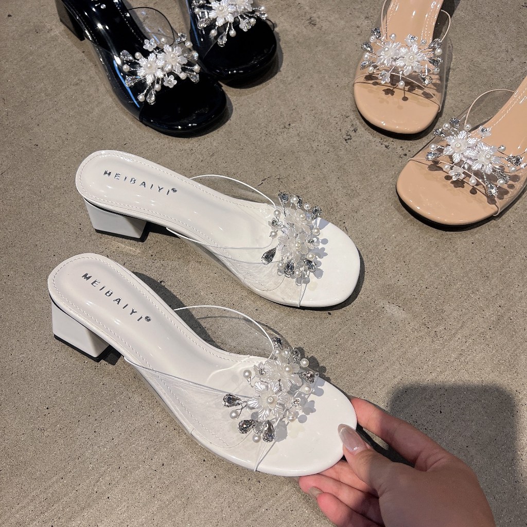 Dép cao gót quai trong nơ đá 5cm, Guốc nữ 5p mika phối nơ Chị Đẹp Store U140