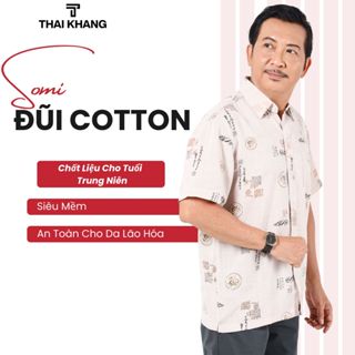 Áo sơ mi nam ngắn tay họa tiết  trung niên THÁI KHANG form rộng vải đũi mềm mát hoạ tiết chìm ADUI18