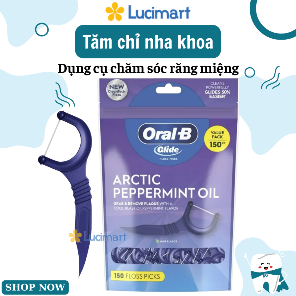 Tăm chỉ nha khoa Oral-B Glide Arctic Peppermint Oil Dental Floss Picks [Hàng Mỹ]