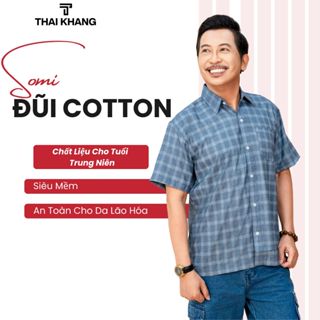 Áo sơ mi đũi nam tay ngắn trung niên THÁI KHANG siêu mát form rộng cho người lớn tuổi caro ATK12