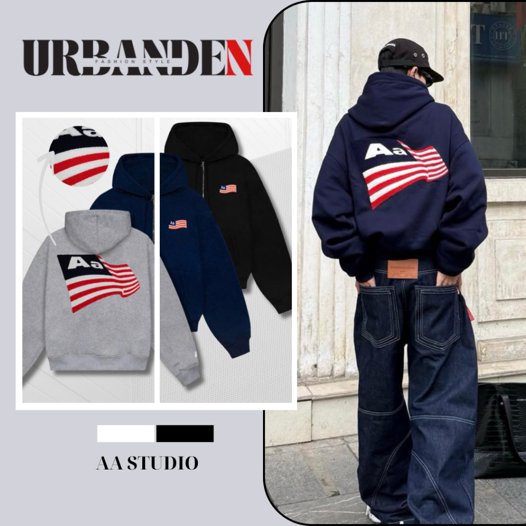Áo Khoác Hoodie Zip Aastu Form Rộng Boxy Chất Nỉ Chân Cua Thêu Xù Hình Lá Cờ Cực Xịn Hot Trend