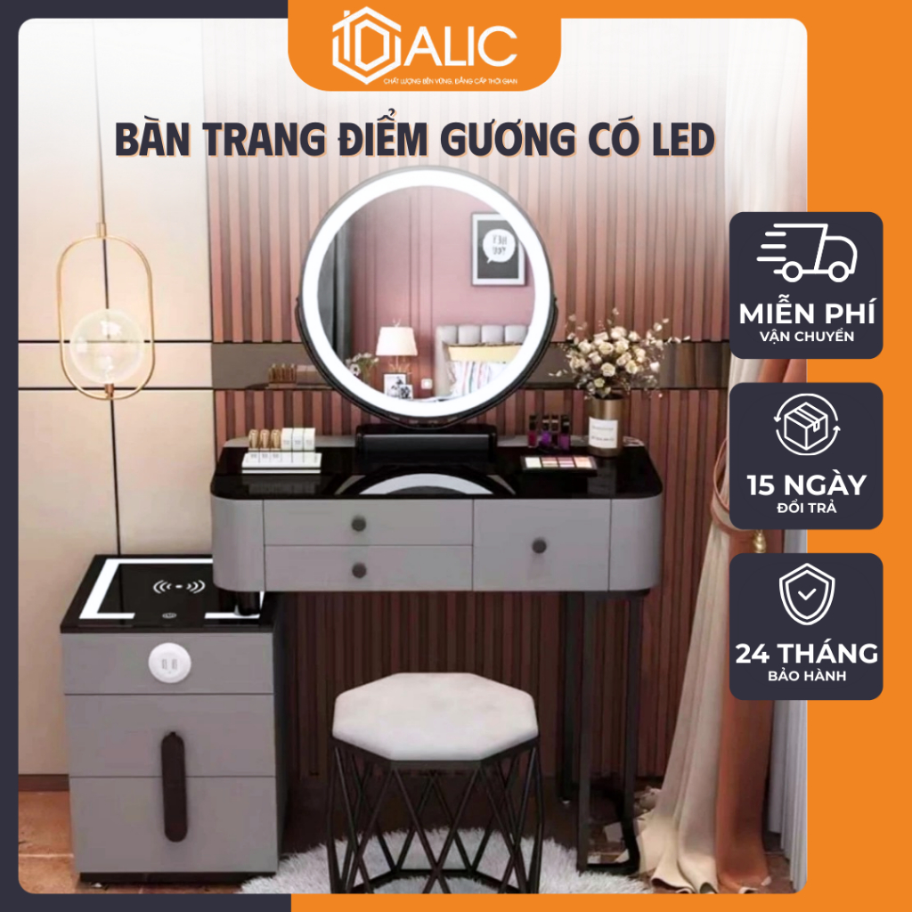 Bàn Trang Điểm 80cm & 1m Có Gương LED, Sạc Không Dây, Loa Bluetooth – Dalic Furniture