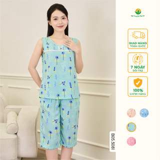Đồ bộ mặc nhà nữ chất lanh Việt Thắng quần lửng áo sát nách mềm mát họa tiết - B05.5081