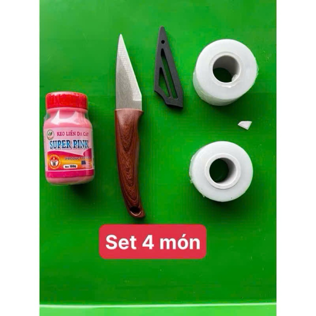 combo 4 món phụ kiện ghép cây= 1 lọ keo liền sẹo + 1 dao ghép + 2 cuộn băng ghép tự huỷ