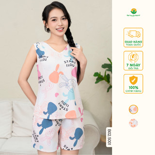 Đồ bộ lanh tole mặc nhà nữ quần đùi áo sát nách họa tiết thời trang Việt Thắng - B02.5001
