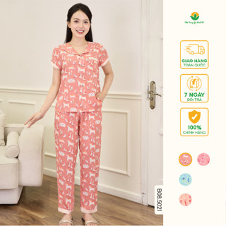 Bộ pijama lanh nữ mặc nhà quần dài áo cộc tay cổ sam thời trang Việt Thắng - B08.5021