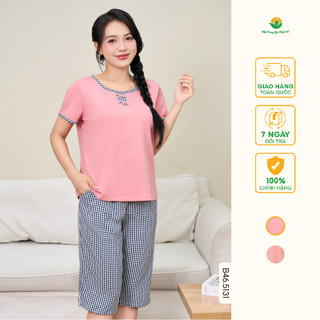 Bộ mặc nhà nữ chất cotton dệt kim quần lửng áo cộc tay phối kẻ thời trang Việt Thắng - B46.5131
