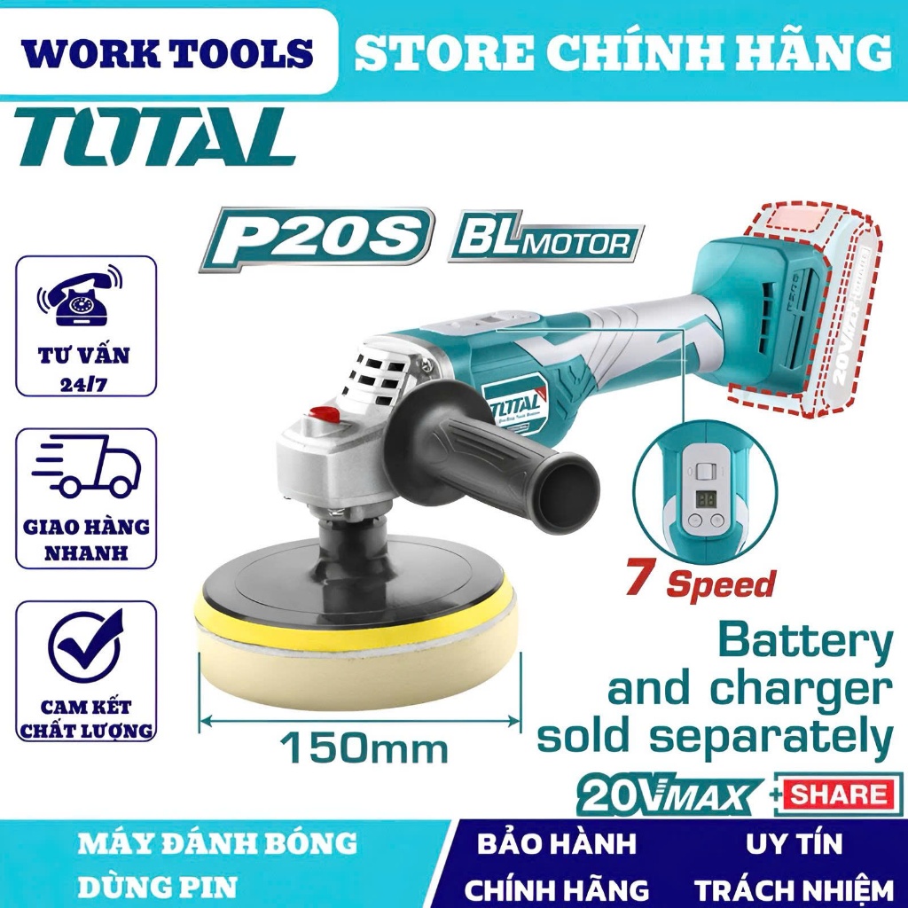 TOTAL Máy đánh bóng dùng pin 20V TAPLI2001 (Cam kết Chính Hãng 100%)
