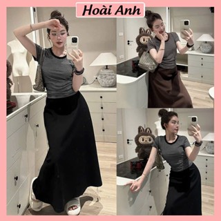Set Bộ Đồ Nữ Áo Thun Kẻ Ngang Ngắn Tay Ôm Body Mix Chân Váy Dáng Dài Freesize