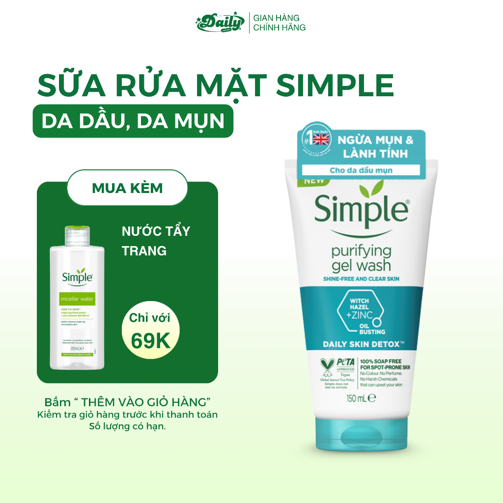  Sữa rửa mặt Simple giúp kiềm dầu ngăn ngừa mụn thông thoáng lỗ chân lông dành cho da dầu mụn 