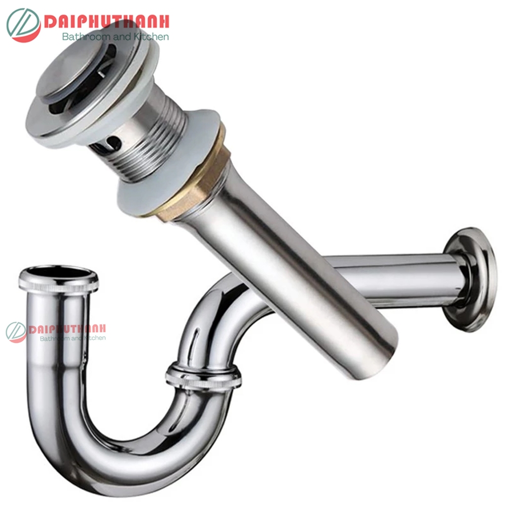 Bộ Xả Lavabo Xi Phông Thoát Nước Nhiều Loại Inox Và Nhựa - Kiểu nút nhấn, dùng cho lavabo có lỗ chống xả tràn