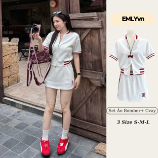 EMLYvn - Set Váy Áo Bomber Nữ Khóa Kéo 2 Chiều Cao Cấp, Set Đồ Nữ Đẹp Mùa Thu Đông Thêu Logo Kèm Chân Váy