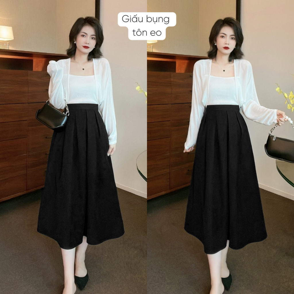 Chân váy xếp ly dáng dài Mely Fashion dài qua gối dáng xòe che bụng mỡ tôn dáng có túi đi làm đi chơi bigsize CV51-01