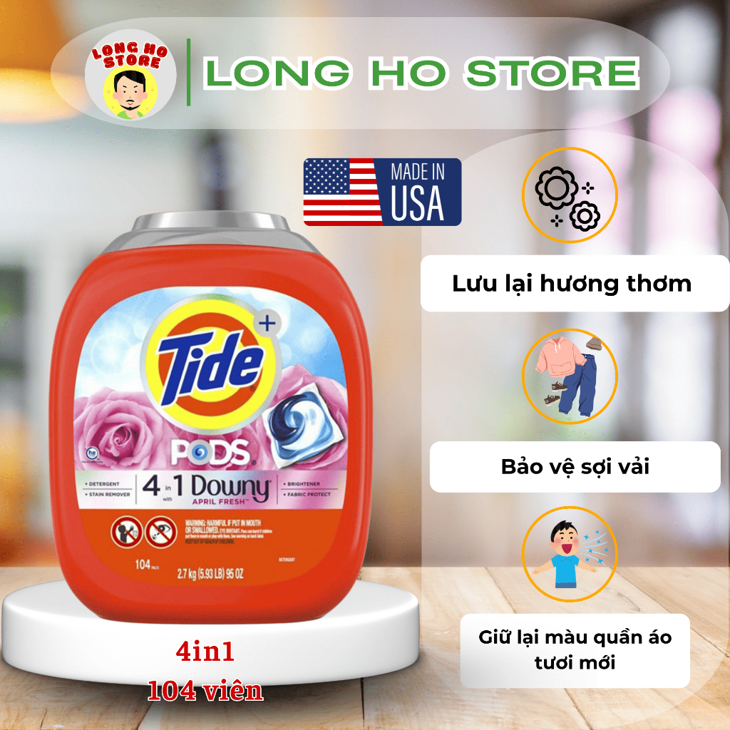[ HÀNG MỸ ] Thùng Viên Giặt Tide Pods 4in1 Downy April Fresh 104 viên - 2.7kg