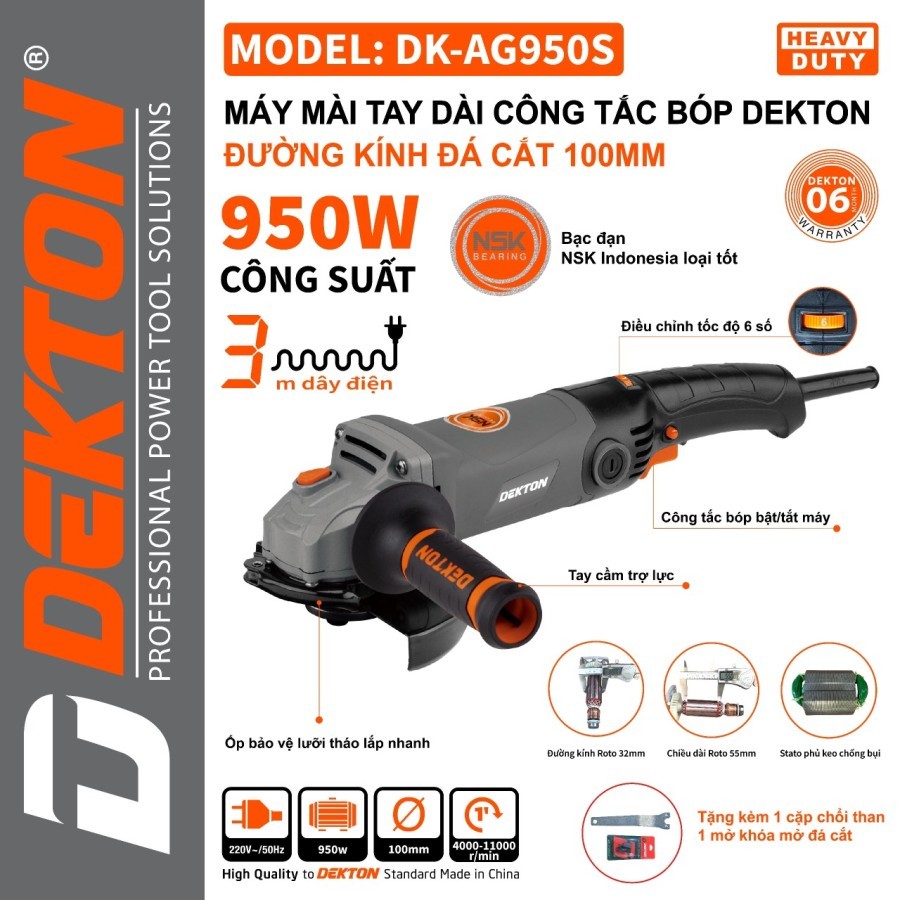 Máy Mài Góc Điện Dekton DK-AG950S 950W có chỉnh tốc độ, lõi đồng , bản màu xám sử dụng đá 100mm