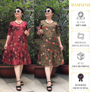 Váy Đầm Trung Niên Nhún Bèo Babydoll, Chất Vải Lụa 2 Da Cao Cấp, 2 Túi Hông.