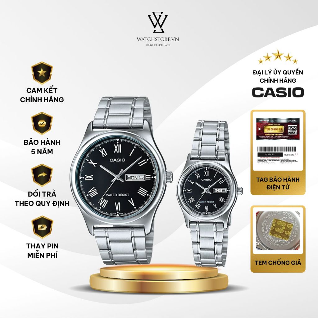 Đồng Hồ Đôi Casio Tay Nhỏ V006D Máy Pin Quartz Dây Kim Loại Mặt Đen Kính Khoáng Size 38mm và 25mm Chính Hãng | BigBuy360 - bigbuy360.vn