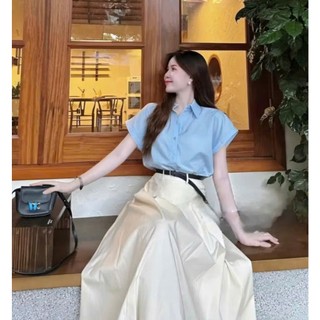 *Set thời trang nữ đi chơi tiểu thư chất áo lụa cổ sơ mi tay ngắn váy kaki xoè kèm nịt dài maxi