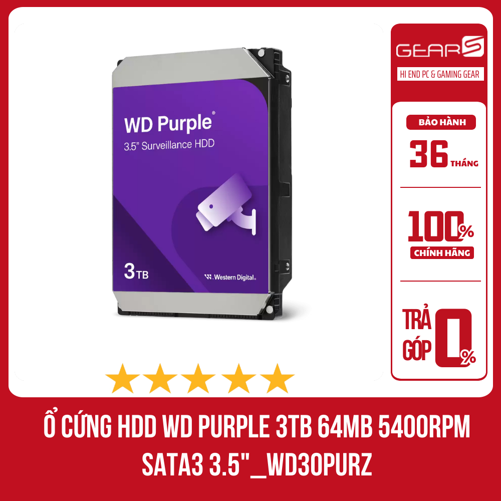 [FULL VAT] Ổ cứng HDD WD Purple 3TB 64MB 5400rpm SATA3 3.5"_WD30PURZ - Bảo Hành 36 tháng