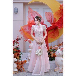 Set áo họa tiết cổ tàu xéo tà chân váy voan lưng chun Ảnh thật/Sẵn