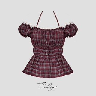  Red Summer - Áo babydoll trễ vai họa tiết caro có dây buộc cổ dễ thương cho Nữ 