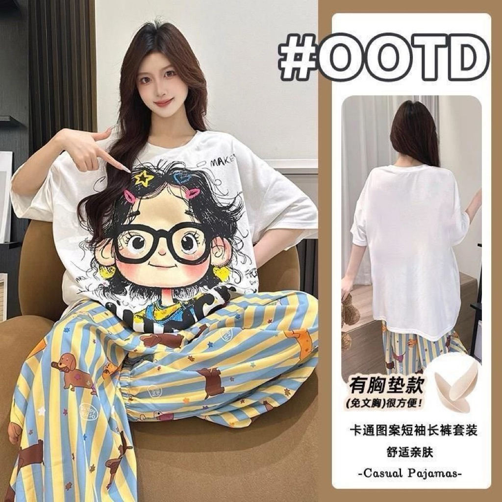 Set đồ ngủ nữ cute – Áo thun in hình + quần dài sọc hoạt hình, vải mềm mát