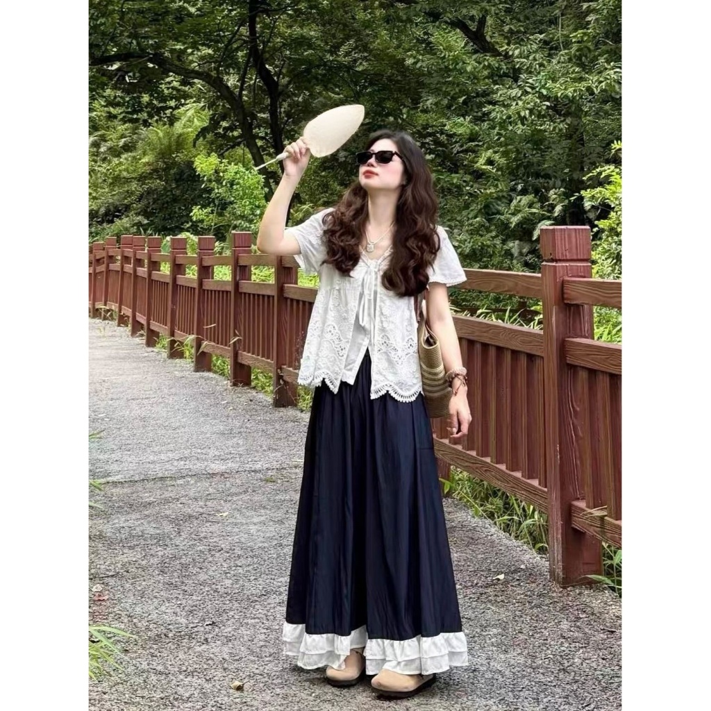    Bigsize 55-100kg  Set áo tay ngắn ren hoa phối quần giả váy dài xòe viền bèo trắng phong cách vintage nữ tính 