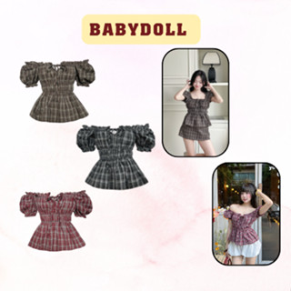 Áo BabyDoll SAIGONESE Hoạ Tiết Caro Chiết Eo Chất Linen Xước Kiều Tay Phồng Dáng Nữ