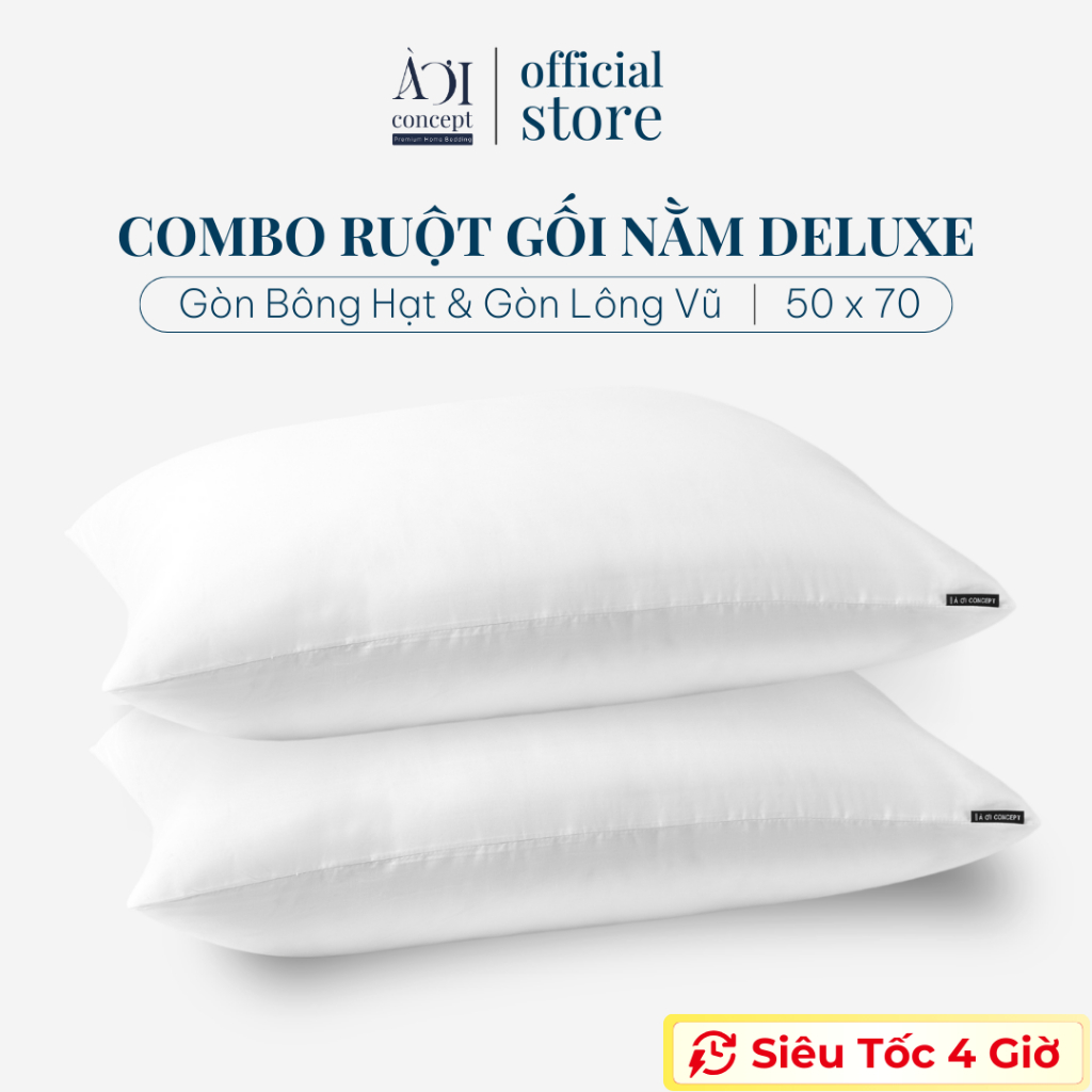 Combo 2 Ruột Gối Nằm Gòn Lông Vũ Gòn Bông Hạt Deluxe Pillow AOICONCEPT Size 50x70 khách sạn hỗ trợ cổ vai gáy