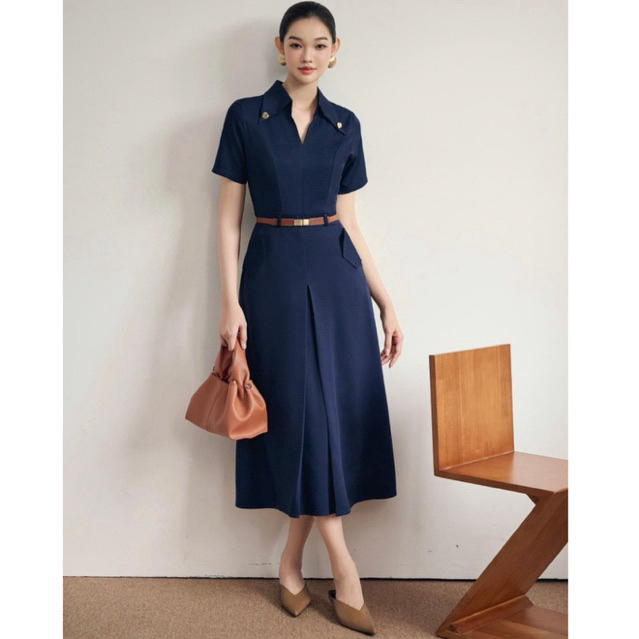 váy cổ V somi dáng xoè kèm belt HOIVU Alena dress kèm belt