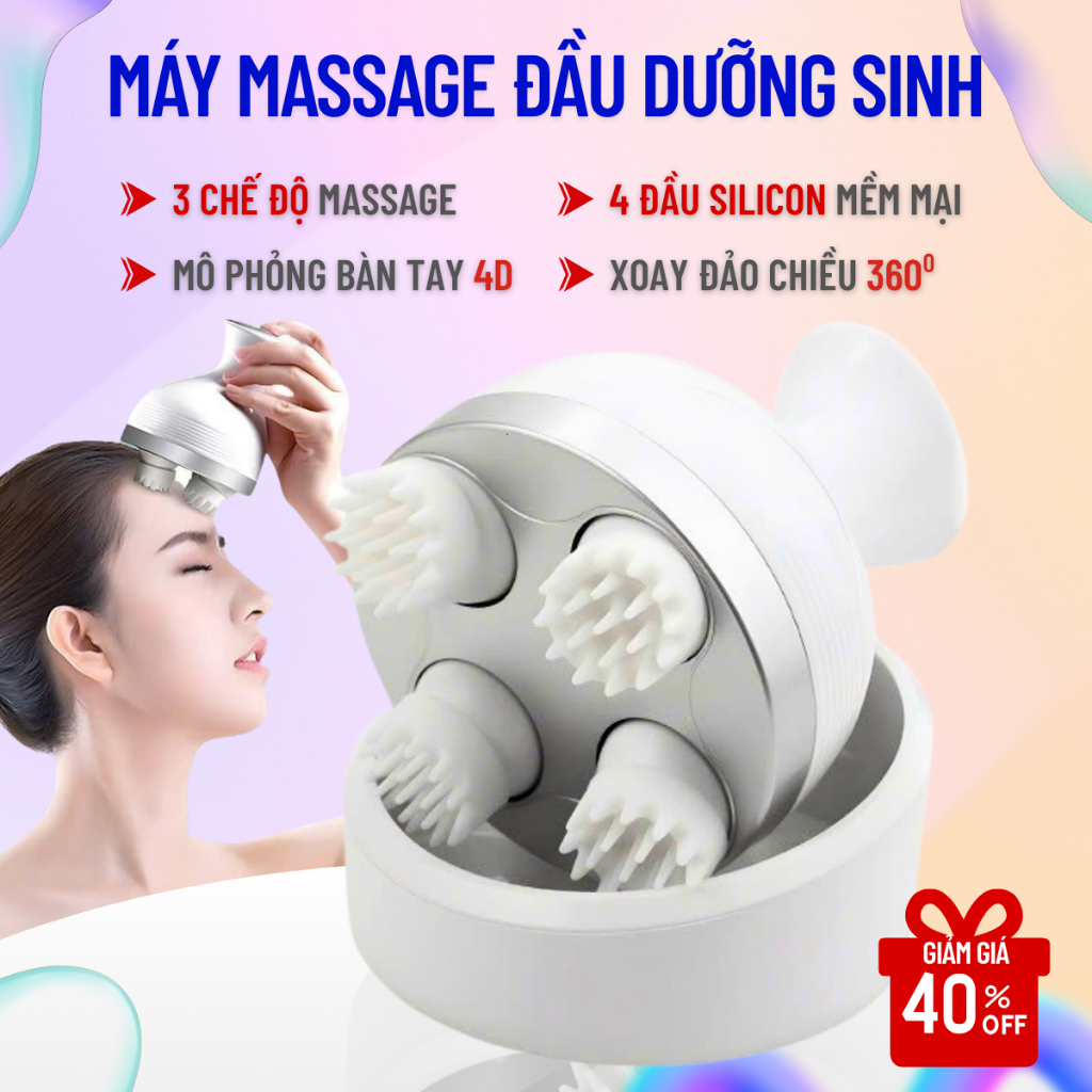 Máy massage đầu dưỡng sinh 3 chế độ, máy mát xa cầm tay 4 đầu silicon xoay 360 độ tiện lợi