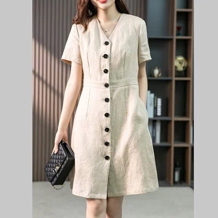 [SLINEN] Đầm Suông Linen Cao Cấp Cổ V Dáng Chữ A – Mát Mẻ, Thoải Mái, Tôn Dáng.