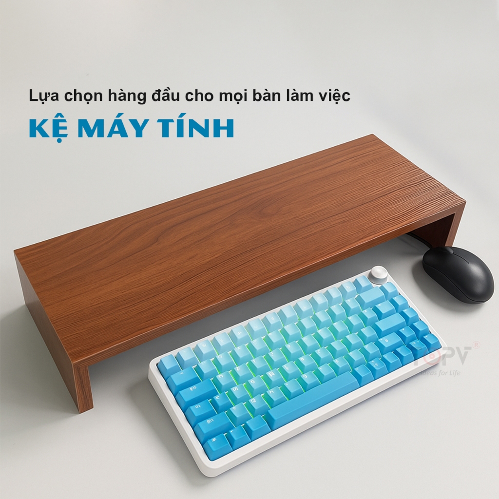Kệ máy tính vân gỗ TOPV giá nâng pc mở rộng bàn làm việc kệ decor để màn hình hyperwork có ổ điện tiện lợi