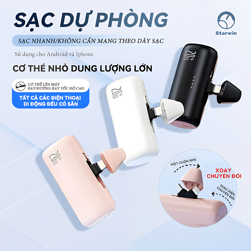 Sạc dự phòng STARWIN Mini 20W 10000mAh Type C&LN sạc nhanh Pin ngoài PowerBank cho iPhone 15 Pro Max