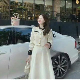  Sét váy thời trang nữ sang chảnh chất liệu lennin cổ tron tay dài đính nút váy lưng dáng xoè maxi trẻ trung 