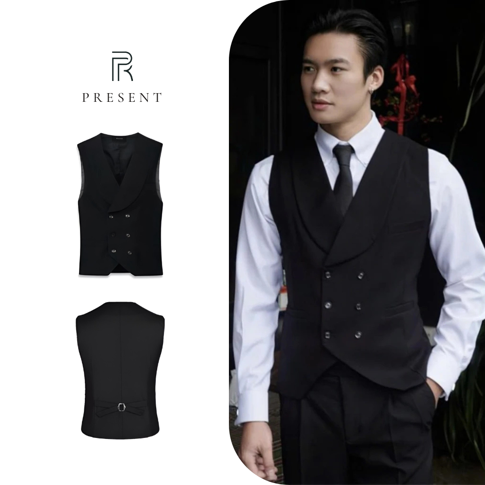 Áo Gile nam Present Thiết Kế Ve Rộng 2 Lớp, Đai Tôm sau Lưng Sang Trọng