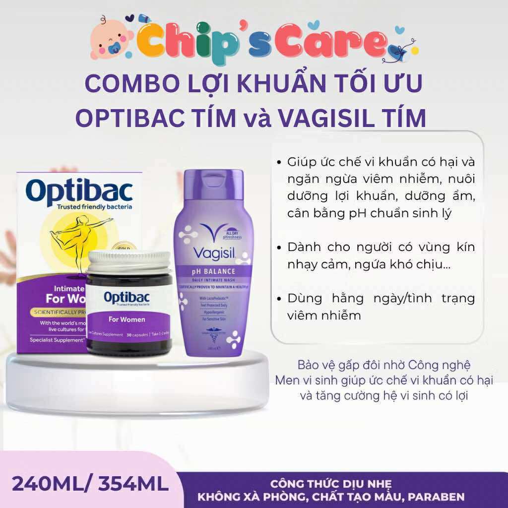Combo Men Optibac for Women và dung dịch vệ sinh Vagisil Ph Balance 240ml màu tím (optibac tím)